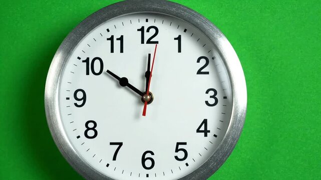 Analog clock, silver rim, white face, green background, time 12:58