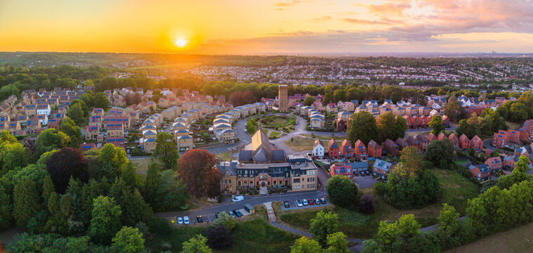 Drone view of Cane Hill estate, chapel and water tower in Coulsdon