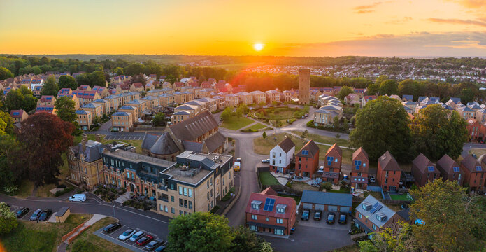 Drone view of Cane Hill estate, chapel and water tower in Coulsdon