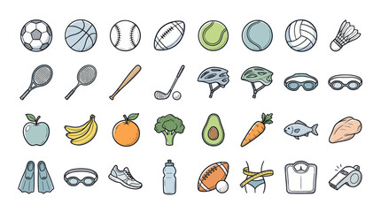 Healthy Lifestyle Sports and Food Icons - Collection of Hand-Drawn Illustrations © Yunan