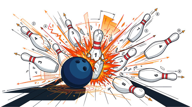 Bowling ball hitting pins, strike with motion lines and abstract background