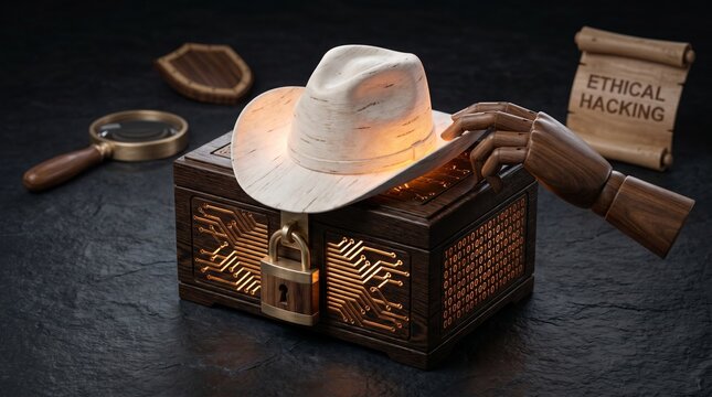 Ethical Hacking concept depicted with symbolic wooden artifacts including a treasure chest cowboy hat and scroll
