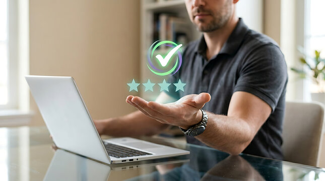 Person interacting with a digital interface displaying a satisfaction rating and a confirmation checkmark, symbolizing positive feedback and successful completion of a task
