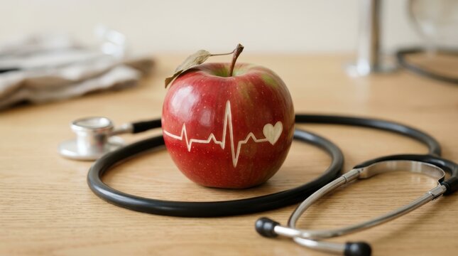 Fresh red apple carved with heartbeat pulse line and heart icon sitting next to a medical doctor stethoscope now.