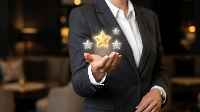 Customer service excellence visualized with a hand holding five golden stars, symbolizing top-tier quality and customer satisfaction