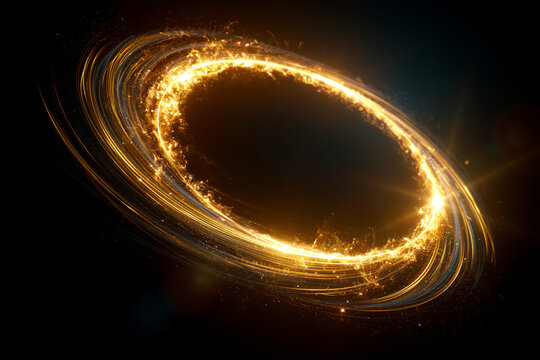  Abstract background featuring a glowing golden ring of light, swirling energy trails, and flying sparks on dark