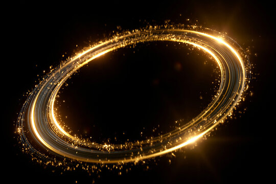 Fundo abstrato com um anel de luz dourado brilhante, rastros de energia em espiral e fa&iacute;scas voando no escuro