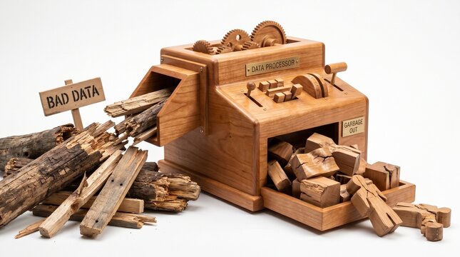 Wooden GIGO data processor illustrating the garbage in garbage out principle with rough wood pieces representing bad data input and output