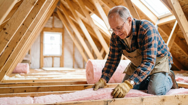 Older man insulating attic with pink fiberglass insulation material, working diligently on wooden beams. Insulation process in attic creates energy efficiency and comfort for home.