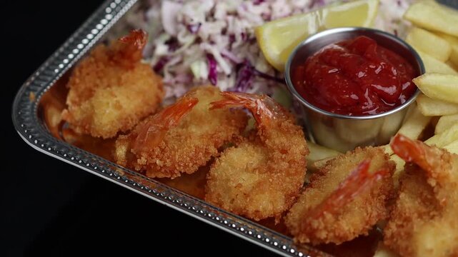 Silver rotating Platter of Fried Butterflied Shrimp with Fries and Cole Slaw