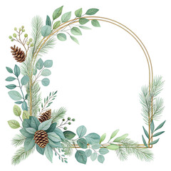 Fototapeta premium elegant arch-shaped frame with winter leaves, eucalyptus and pine branches, soft sage green palette, premium invitation design