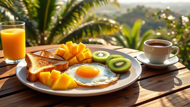 breakfast meal wooden table beautiful view mountains background table plate fried egg sliced kiwi sliced mangoes toast also glass orange juice table cup coffee also visible right side table