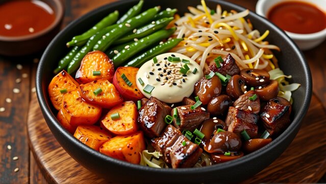 close bowl asian style food bowl black placed wooden table food appears stir fry dish variety ingredients side bowl sliced green beans sliced sweet potatoes sliced mushrooms top vegetables dollop