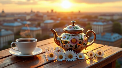 Fototapeta premium teapot cup coffee wooden table beautiful view city background sky orange yellow sun setting distance city filled buildings houses few daisies scattered around table tea pot decorated colorful flowers