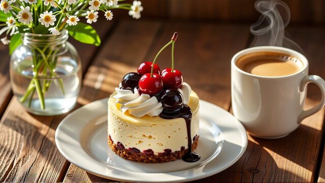small dessert white plate cup coffee right side dessert appears cheesecake layer whipped cream cherries top cherries arranged circular pattern drizzled chocolate sauce side plate vase white daisies