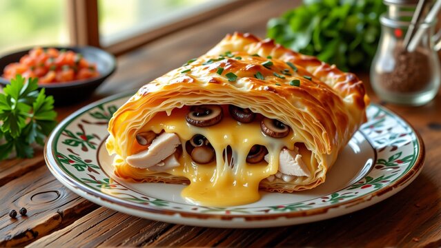 plate slice lasagna lasagna golden brown has flaky crust filled layers chicken mushrooms cheese cheese melted oozing out sides lasagna plate decorated green white floral pattern background bowl
