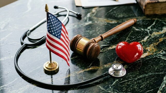 American healthcare law concept with stethoscope gavel small united states flag and heart on marble surface.