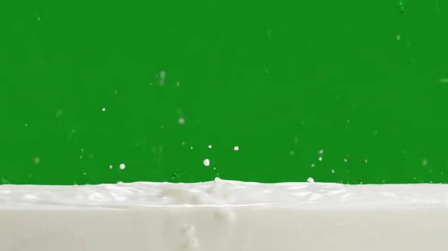 Seamless loop of milk drop falling into white liquid, creating a splash crown on clean green chroma key background.