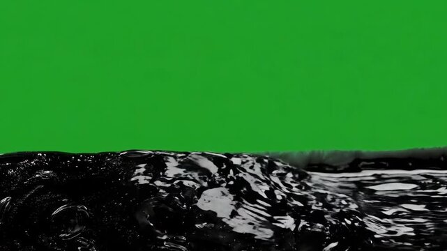 Seamless loop of thick black crude oil sloshing side to side on clean green chroma key background for VFX compositing.