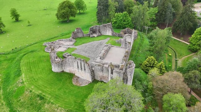 Aerial Video of Kildrummy Castle Historic Scottish Fortress Surrounded by Rolling Countryside
