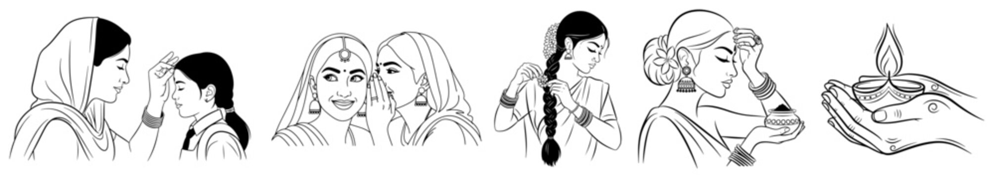 Set of Traditional Indian Women Scenes Line Art, Cultural Rituals with Diya Hair Braiding and Whispering Vector