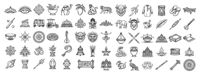 Obraz premium Extensive Collection of Indian Heritage and Culture Line Art Icons, Detailed Hand Drawn Sketches of Symbols and Landmarks Vector