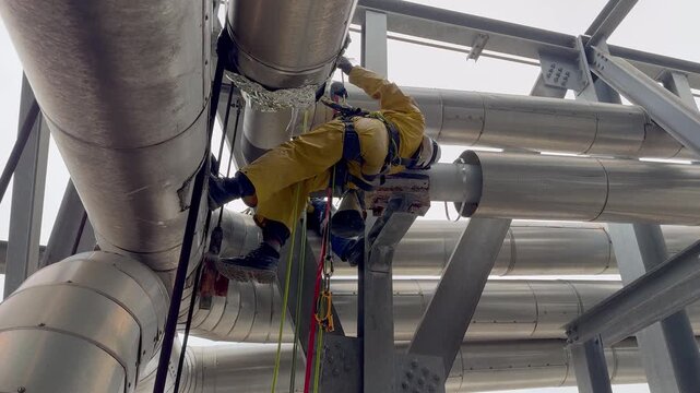 Aerial low angle shot of technician repairing a plant in an oil or chemical refinery. Industrial rope access worker descending to grind and repair a pipeline. Working at height. Rappelling, Abseiling.