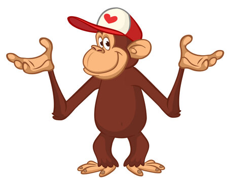 Cartoon funny monkey chimpanzee with cute face expression. Vector illustration isolated on white
