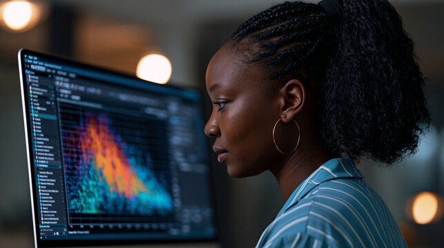 Actuary Conducting In-Depth Analysis of Risk Data Trends on High-Performance Computer Screen in Focused Work Environment