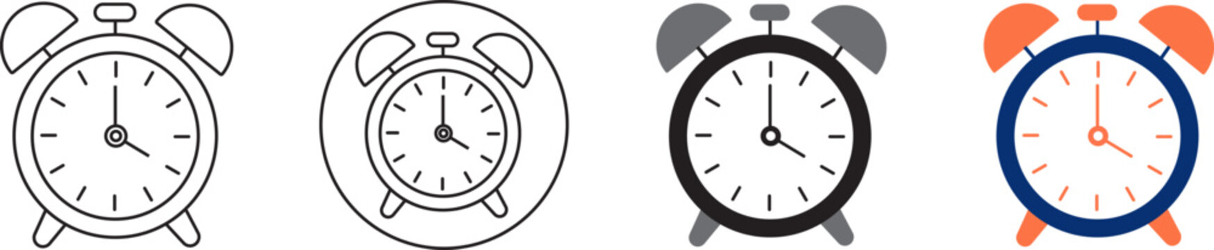 A set of four alarm clock icons in various line art styles and colors