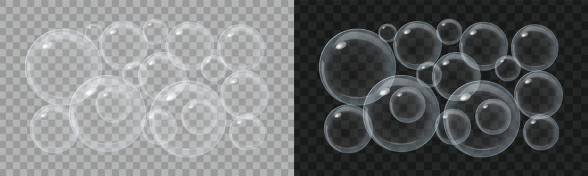 Set of realistic transparent bubbles floating on dark and light backgrounds for water soap texture design effect element.