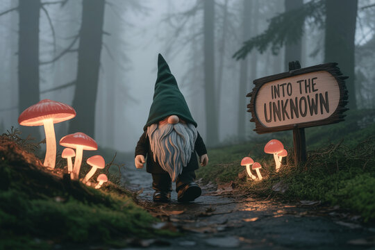 Garden gnome walking down forest path past glowing mushrooms and Into The Unknown sign