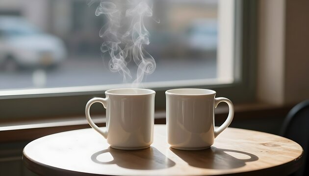 Two coffee mugs on wooden table, one of them is steaming against cafe window background