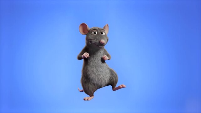 A charming 3D stylized mouse character with realistic grey fur details showing off its dance moves with a lively expression against a solid blue backdrop. Great asset for children's entertainment, ani