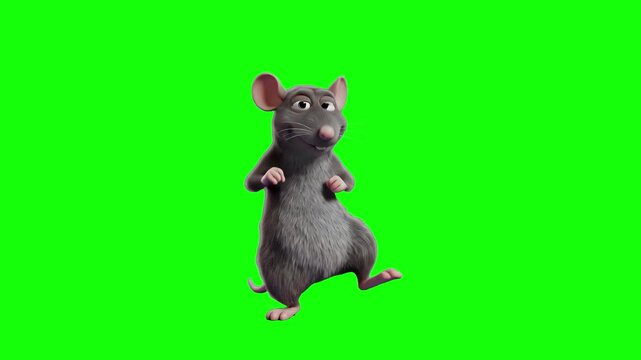 A dynamic 3D animated grey-brown mouse mascot standing on its hind legs, doing a joyful dance and stepping playfully against a solid green screen backdrop. Perfect for overlaying onto kitchen-themed v