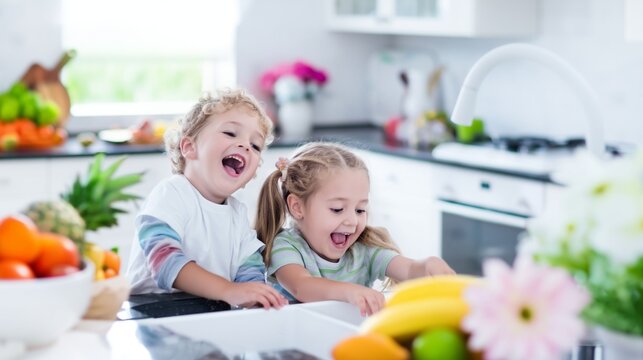Happy little boy and girl siblings playing together with water and fresh fruit, enjoying fun childhood memories in a modern kitchen at home