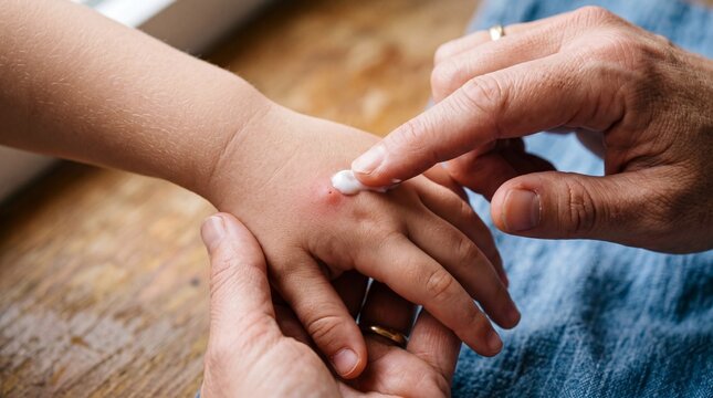 Caring adult hands gently apply soothing white ointment to a swollen red bug bite on a child's small hand. This close-up conveys a warm, comforting, and protective feeling.