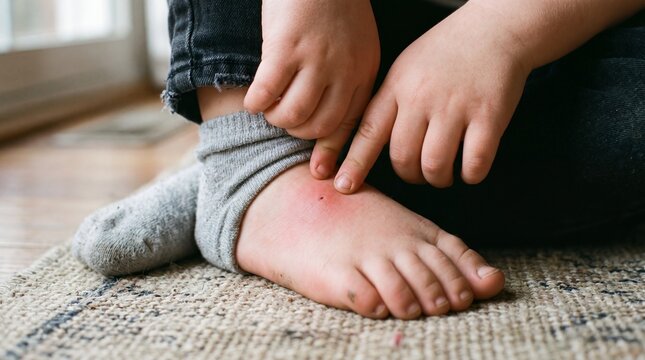 A child sits on a textured rug, pointing a finger at a swollen, red insect bite on their bare foot. The close-up indoor shot conveys a feeling of mild discomfort and concern.