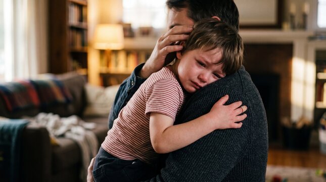 A crying boy rests his head on a man's shoulder for a comforting hug in a softly lit room. The warm indoor setting conveys a deep feeling of parental love and a safe refuge.