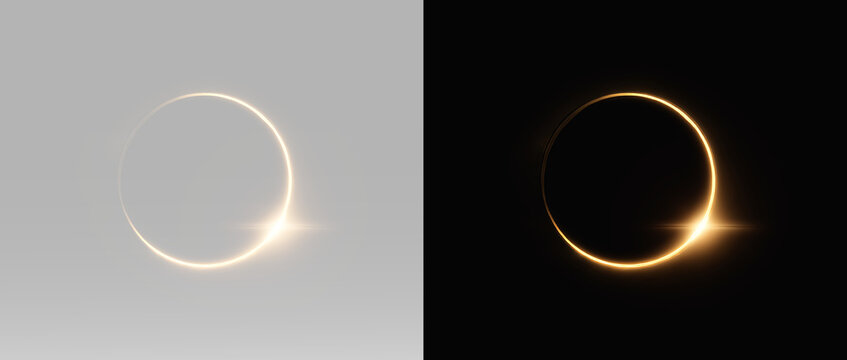 Fiery glowing neon ring with bright light explosion sparks and golden burning heat border line asset for futuristic tech