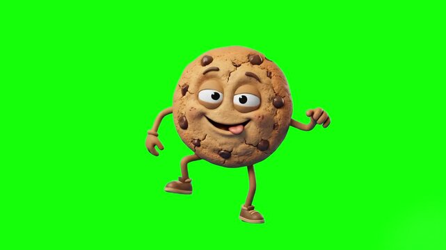 A playful 3D animated chocolate chip cookie mascot with an expressive goofy face, sticking out its tongue while happily dancing and stepping against a solid chroma key green screen. Perfect for bakery