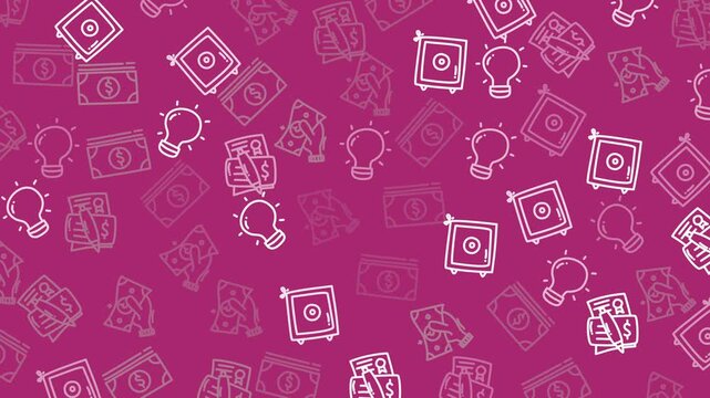 Pink background with scattered white icons. Icons include lights, cameras, and money symbols. Design suggests creativity, technology, and finance. Use for business, media, or startup presentations
