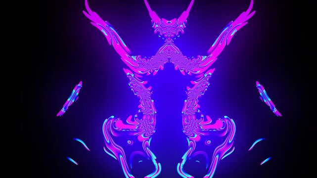 Abstract Devil Glowing Neon Animation, Night Angel Abstract Shape Concept. Futuristic Tech, Rave or Party Backdrop or Background Concept. 4K Trance or Psychedelic Animation, VJ Loop. Night Club. Decor
