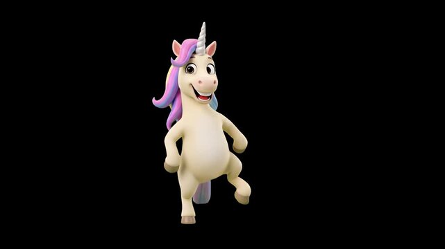 A magical 3D animated white unicorn mascot with a pink and purple mane, smiling happily and dancing joyfully against a solid black backdrop. Perfect for fairytale storytelling, kids' fantasy videos, b