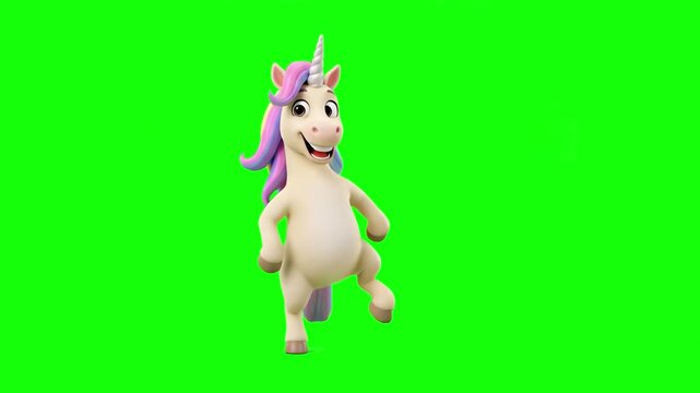 A cheerful 3D cartoon unicorn with a purple mane dances happily against a solid chroma key green background. This isolated character animation is perfect for children's entertainment, birthday videos,