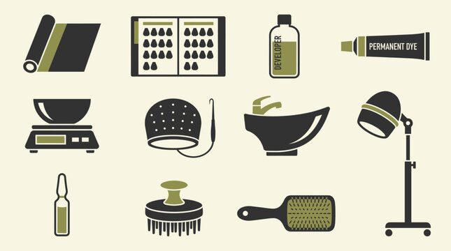 Comprehensive Salon and Beauty Care Icons Set Essential Tools and Accessories for Modern Hairdressing and Personal Vanity Services
