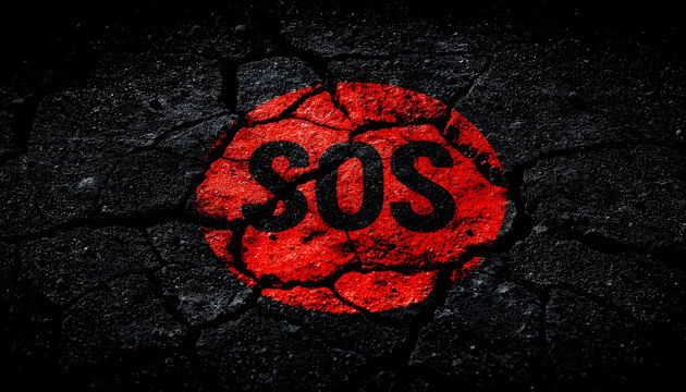 An SOS distress signal within a red circle on a dark, heavily cracked asphalt surface, symbolizing crisis, disaster, and an urgent call for help or rescue