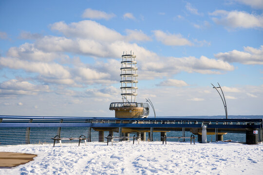 Brant Street Pier on a snowy winter day in Burlington Ontario Canada