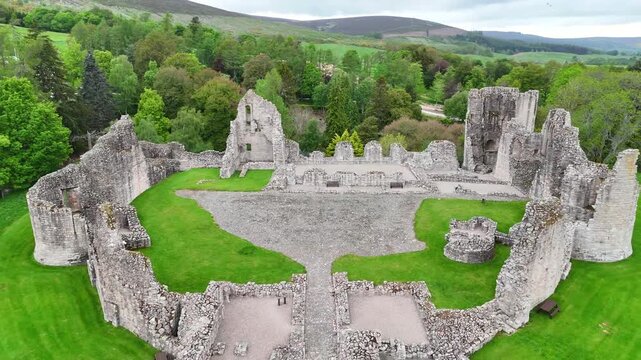 Aerial Video of Kildrummy Castle Historic Scottish Fortress Surrounded by Rolling Countryside
