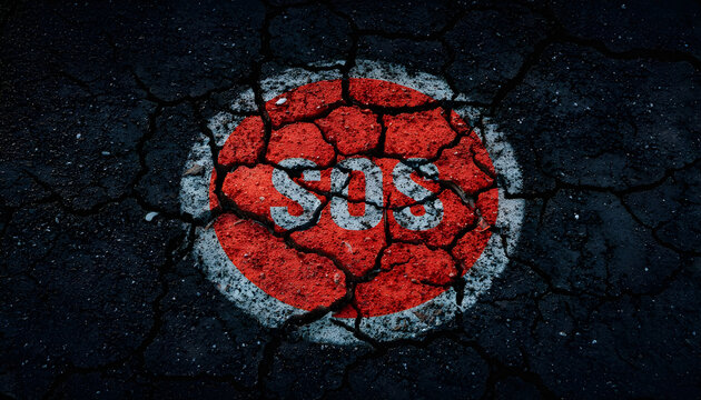 An SOS distress signal within a red circle on a dark, heavily cracked asphalt surface, symbolizing crisis, disaster, and an urgent call for help or rescue